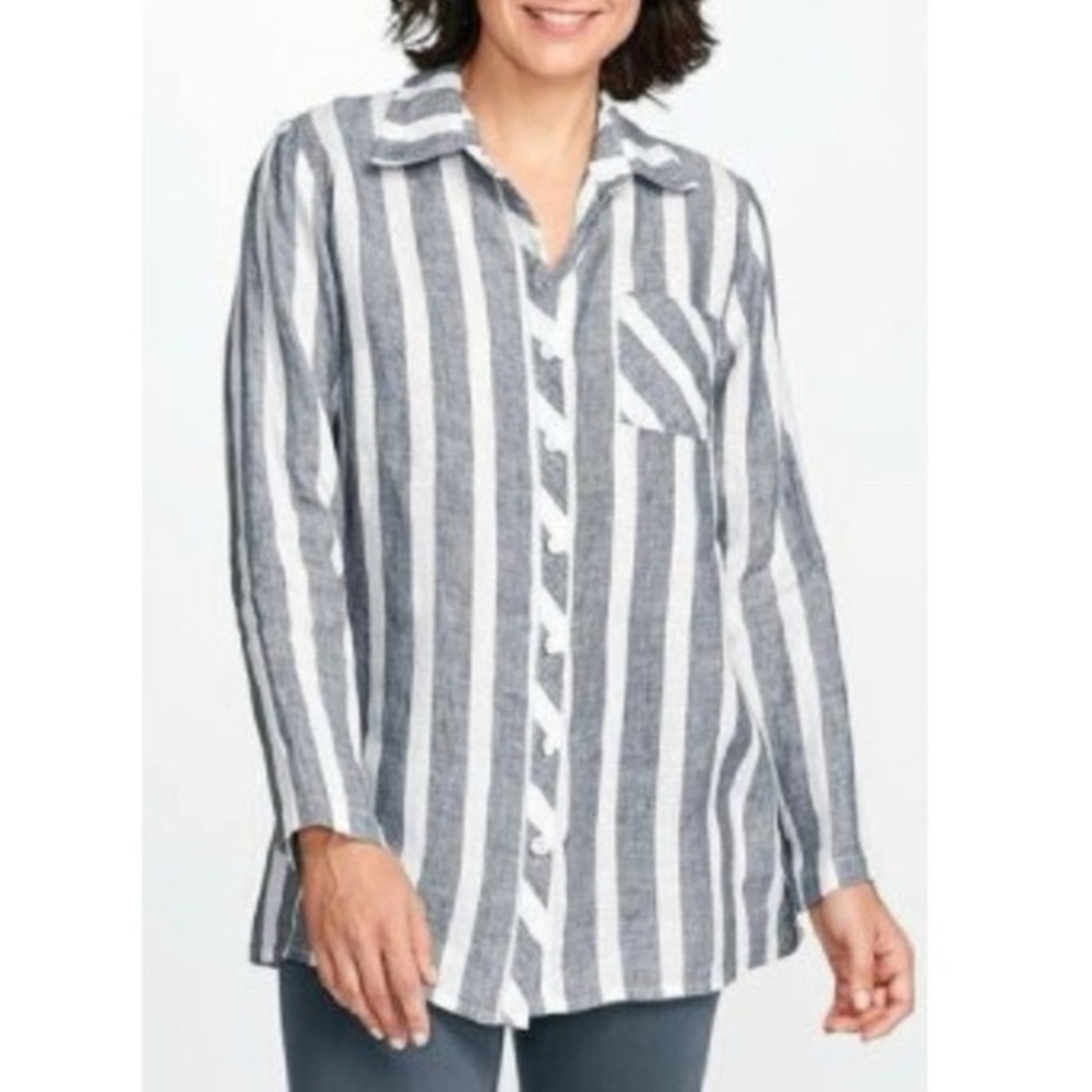 FLAX 100% Linen Bias Back Striped Button Down Long Sleeve Tunic Shirt.   3